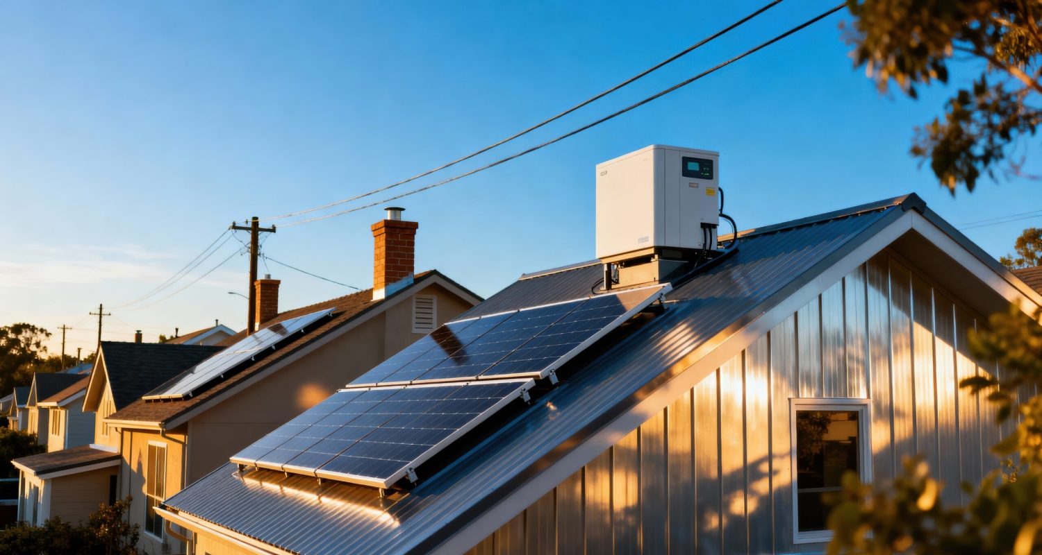 Medium shot of battery storage units integrated with rooftop solar panels delivering reliable power to a closeknit residential area.