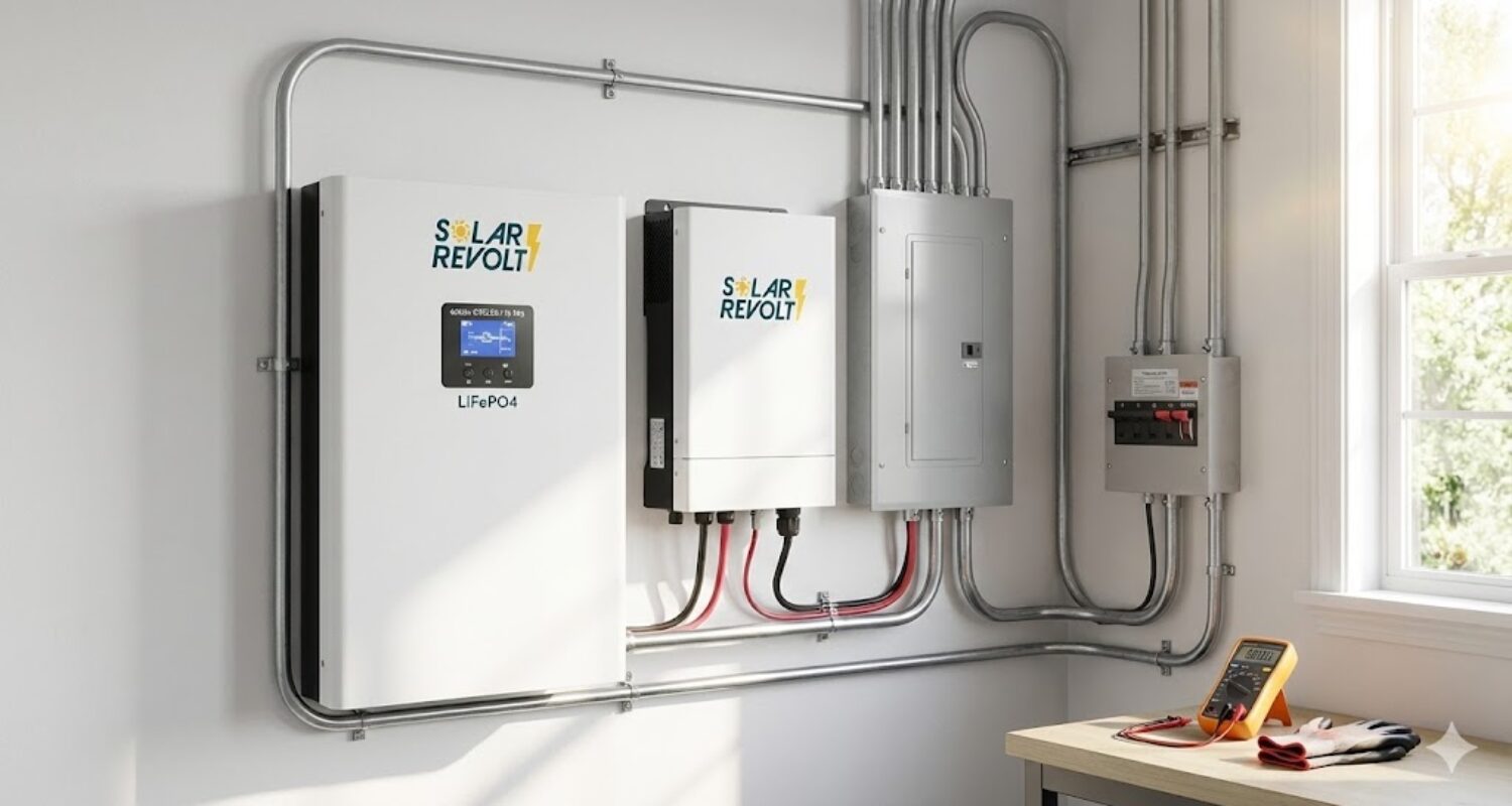Installation complète Solar Revolt comprenant un onduleur hybride et une tour de batteries lithium haute tension dans un garage résidentiel