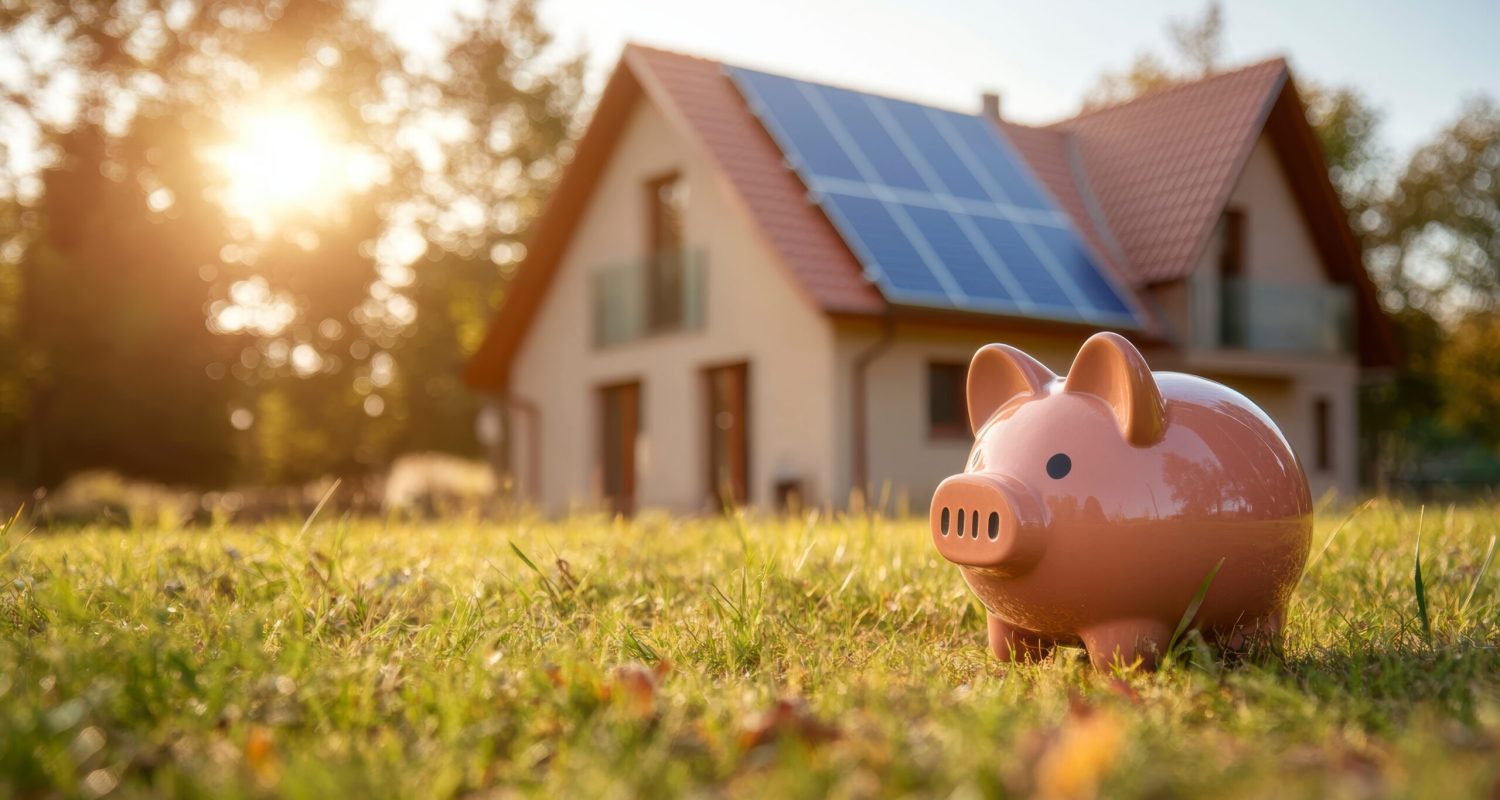 Piggy bank in front of a house with solar panels, symbolizing savings and sustainable energy.